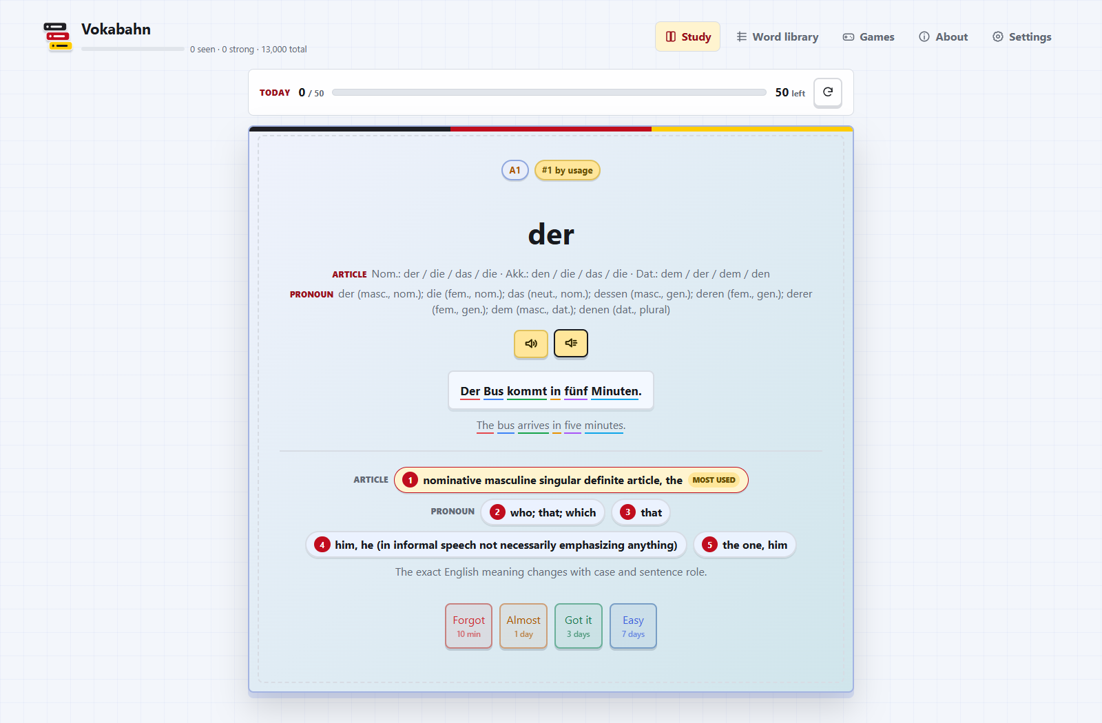 A study card showing the German word, its example sentence and the grade buttons