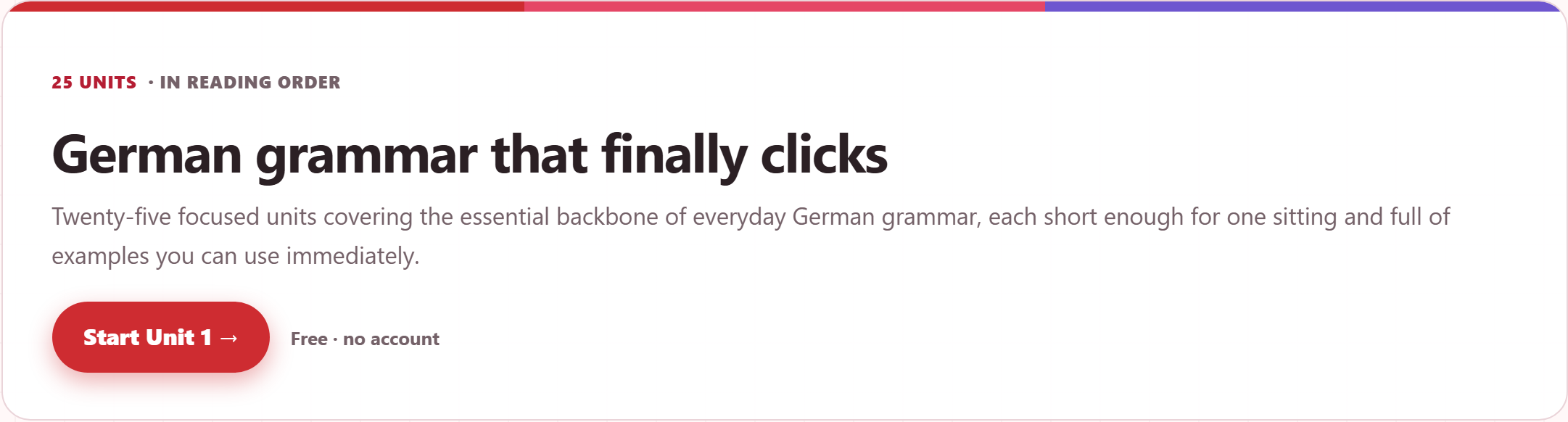 The Vokabahn German grammar overview introducing its 25 focused units