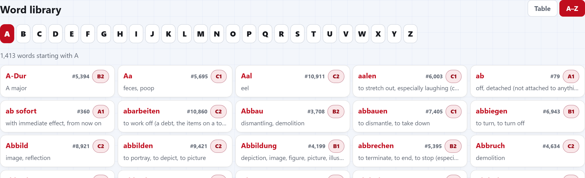 The Vokabahn German word library with A–Z browsing, meanings, usage ranks and CEFR levels
