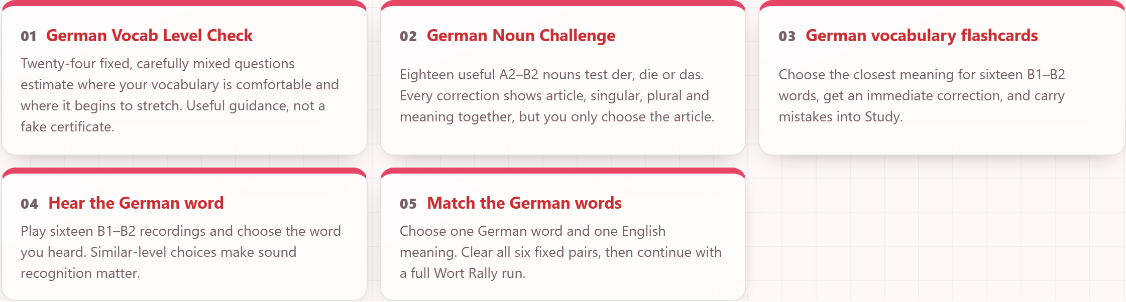Vokabahn's interactive German practice cards including its vocabulary level and noun challenges