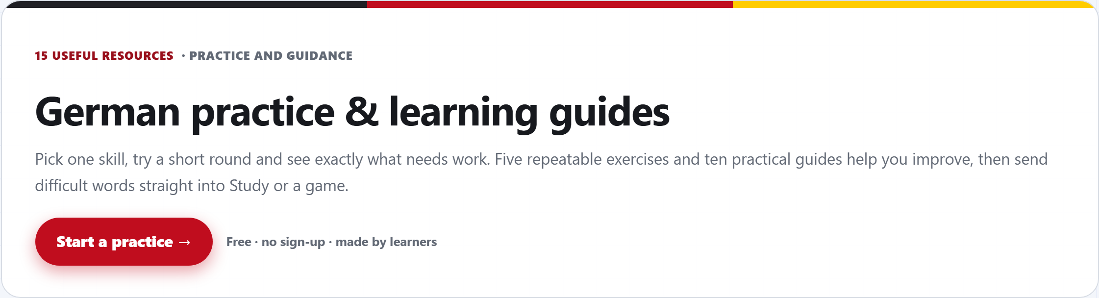 The Vokabahn German practice overview introducing five fixed exercises and ten learning guides