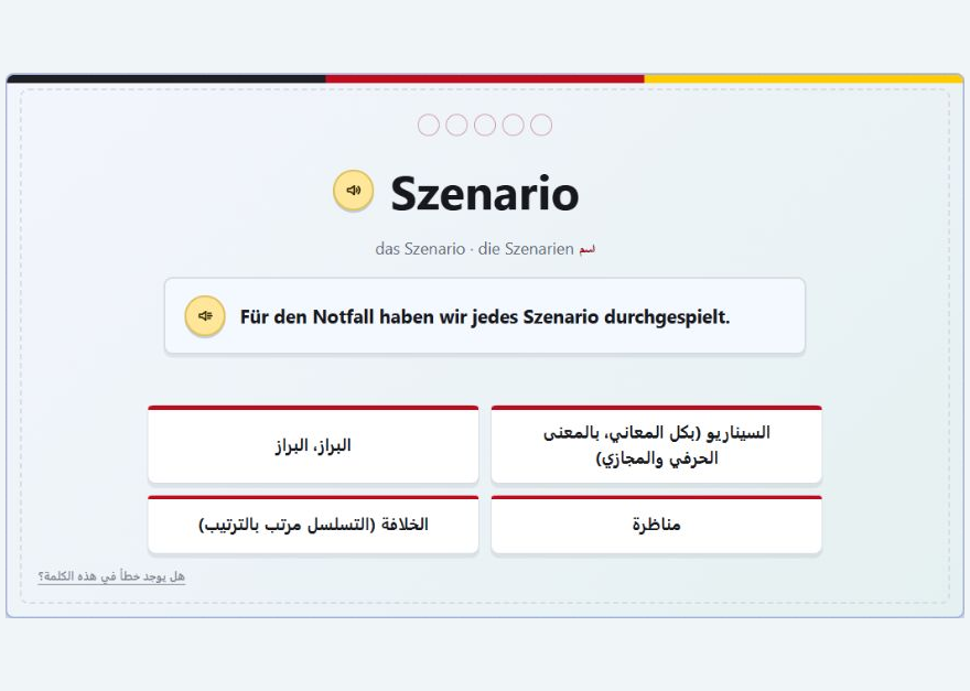 بطاقة دراسة Vokabahn كشفت مع النطق والقواعد، وجملة مثالية ومراقبة الإجابة