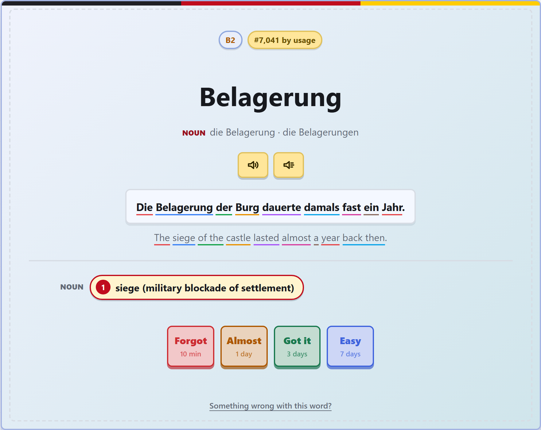 A Vokabahn study card showing a German word, its grammar, usage rank, pronunciation audio and an example sentence